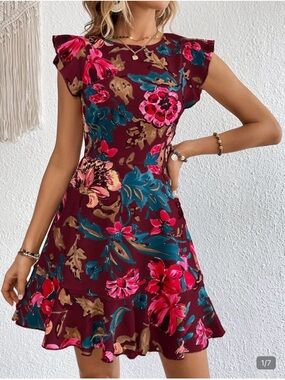Floral Burgundy Fit & Flare Dress Size M Ruffle Hem Feminine Mini